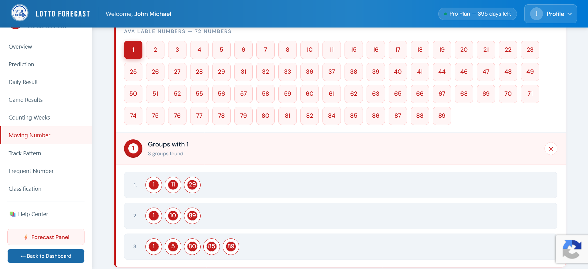 Moving Numbers interface showing number 1 selection